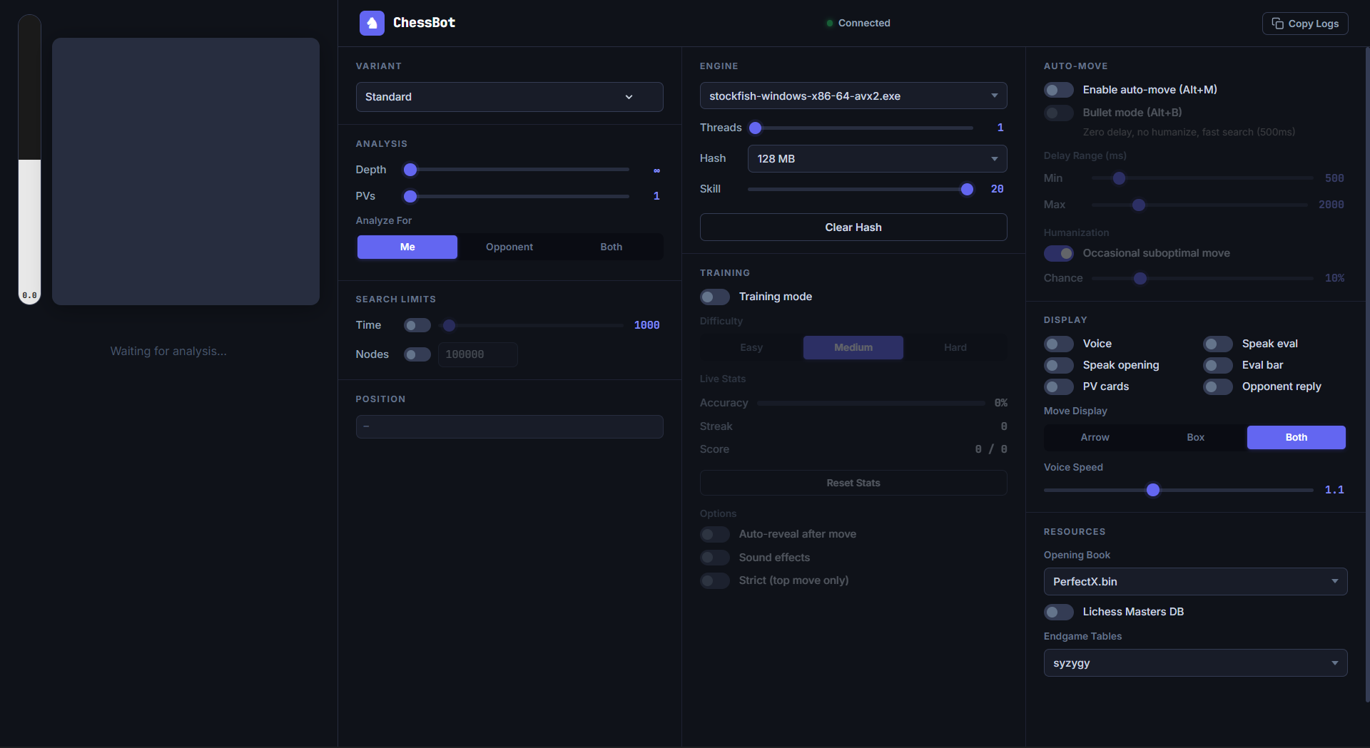 ChessBot dashboard showing live board preview and settings panel